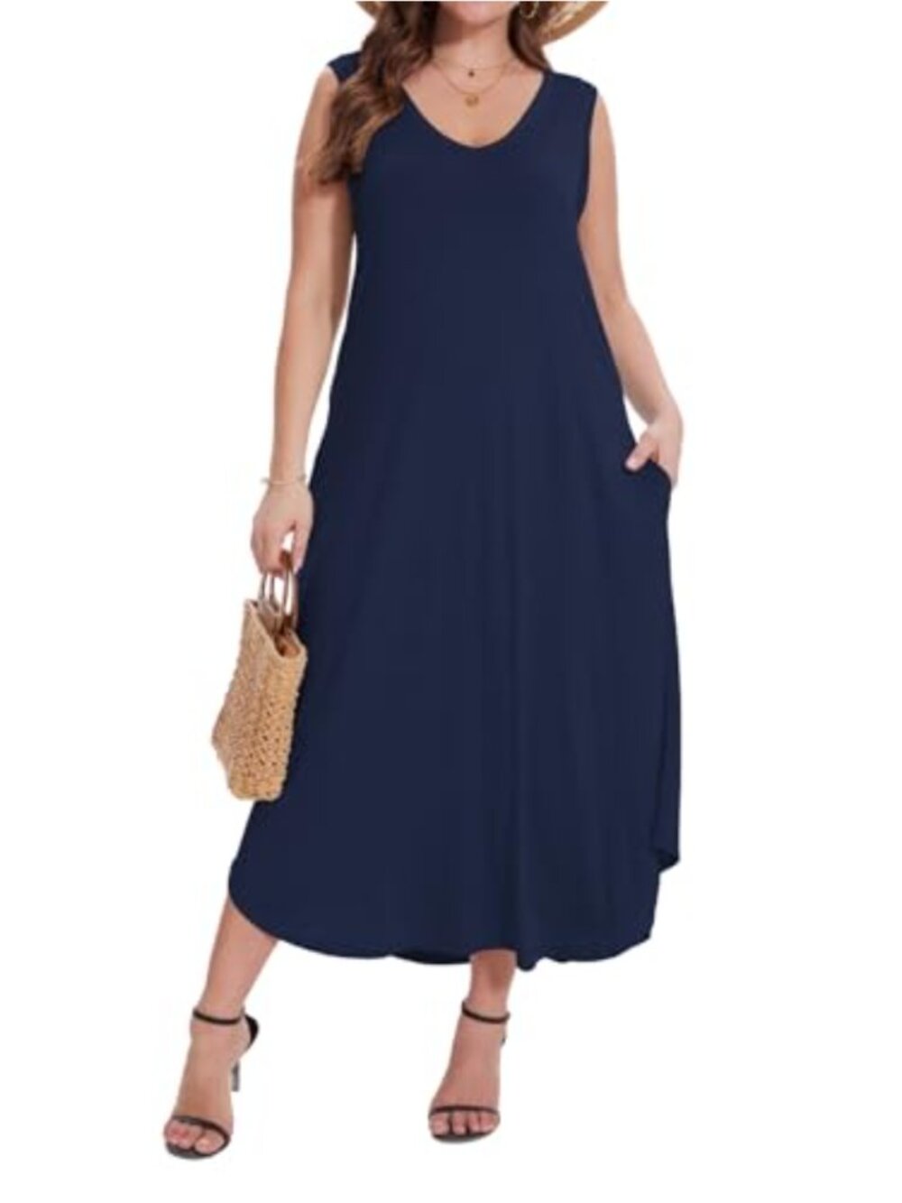 Plus Size Sleeveless V-Neck Swing Dress with Pockets | Rayon Spandex